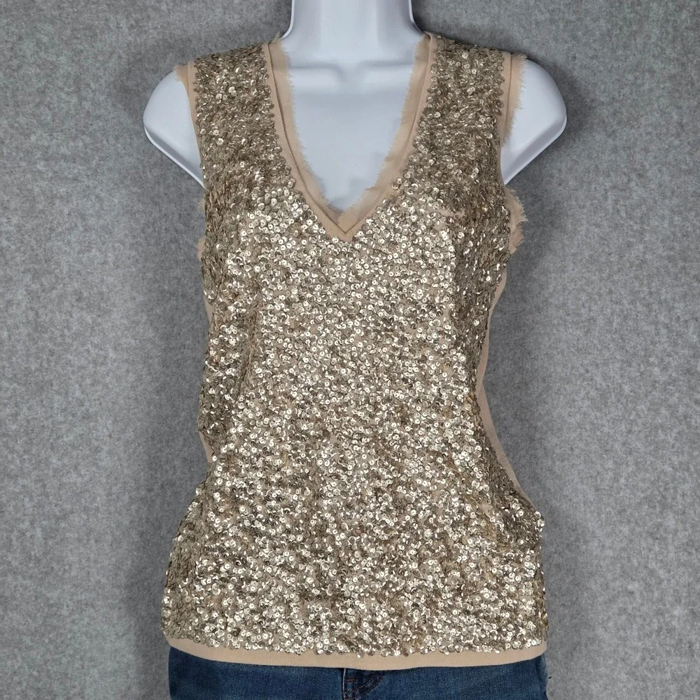 J.Crew Women Medium Sequin Merino Wool V Neck Sleeveless Top Tan Y2K 2008 Tank
